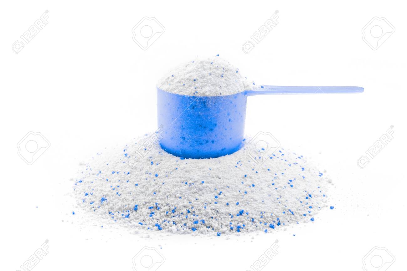 Cleansing products. Soap texture with scoop isolated on white. Liquid powder detergent in cup for washing machine. Laundry wash clothes background. Eco style cleaning concept.